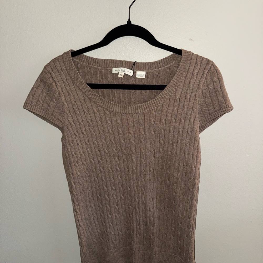 Pria Brown Short Sleeve Cable Knit Sweater | 100% Cotton (Size M)